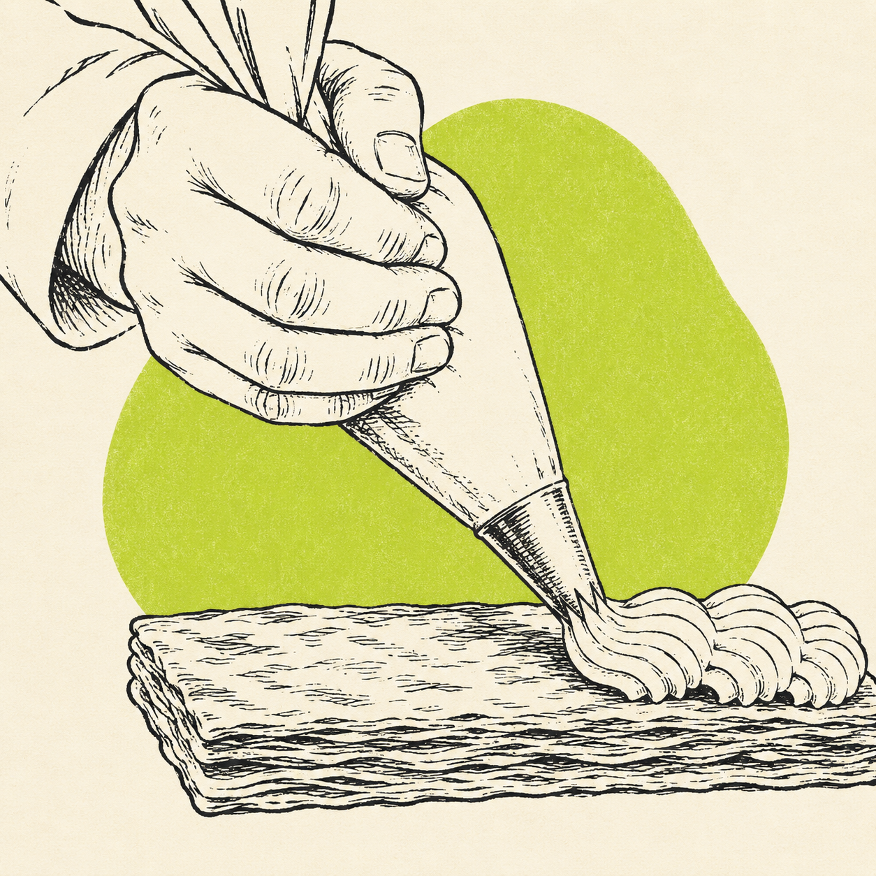 Hand-piping cream onto puff-pastry layers — illustration