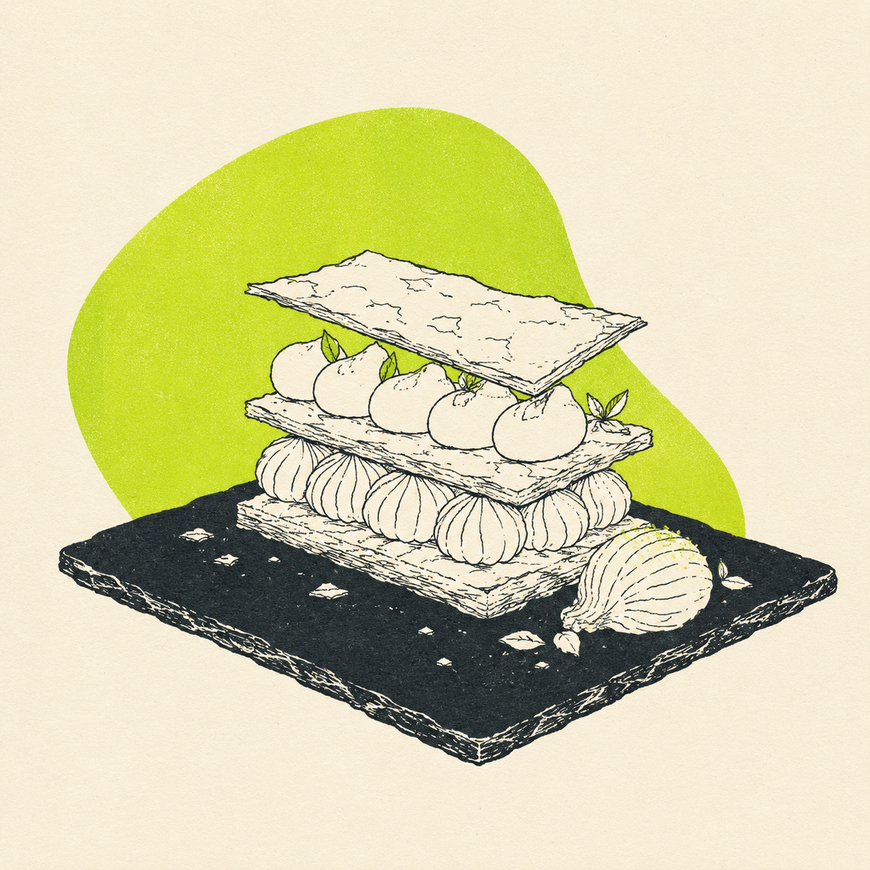 Deconstructed modern mille-feuille on slate — illustration